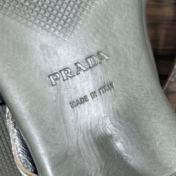 PRADA VINTAGE Y2K Silver Kitten Heel Strappy Buckle Accent Sz 37 US Sz 7 - Picture 9 of 11